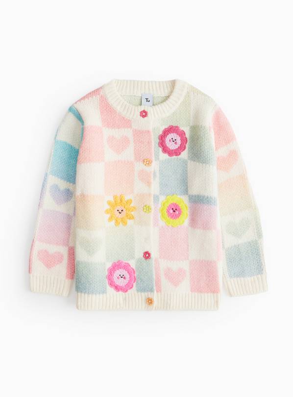 Cream Pastel Floral Chequered Cardigan 2-3 years